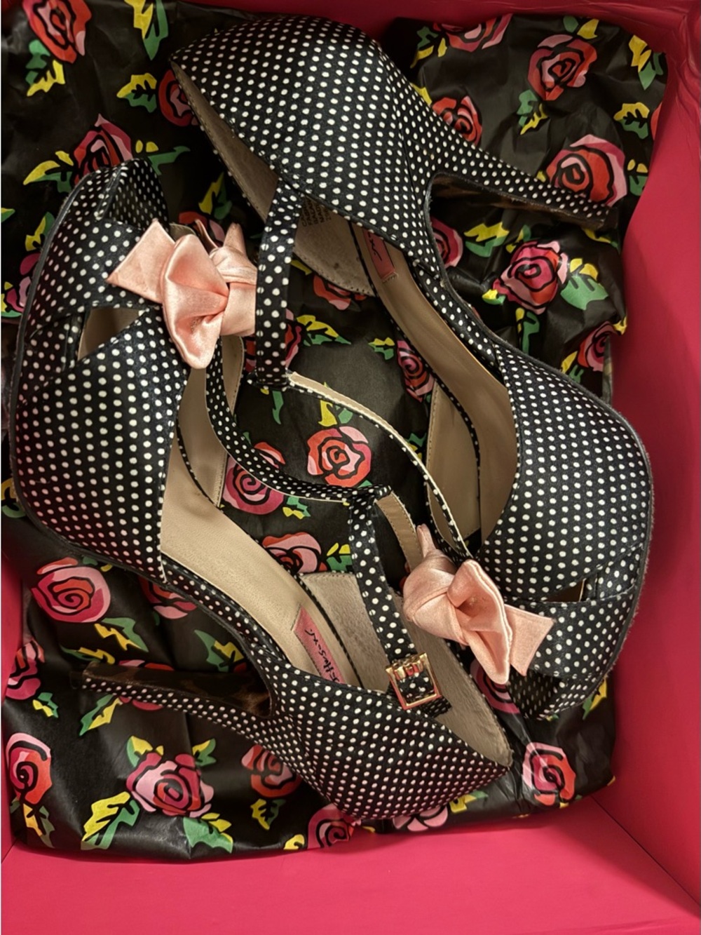 Betsey Johnson 8.5 Canddee Black Mult Polka Dot Peep-Toe Heels with Pink Bows